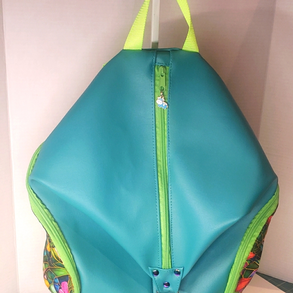 Handmade Aqua Faux Leather And Stainglass Cotton Women's Backpack